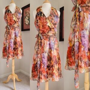 Y2K Ralph Lauren Silk Chiffon Watercolor Floral Y2K Vintage Tie Waist Wrap Dress